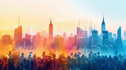 Obraz premium A vibrant cityscape silhouette with a sunrise or sunset backdrop, featuring a mix of tall buildings and a hazy, colorful atmosphere.