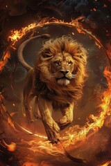 Naklejka premium The lion in the circus jumps over a burning ring of fire. 