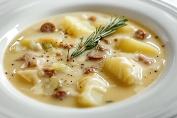Warm and Flavorful Potato Cheese Soup with Caramelized Onions and Crumbled Sausage