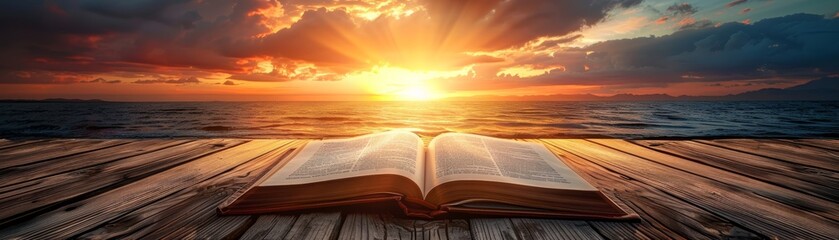 Open book on wooden surface with dramatic sunset background.