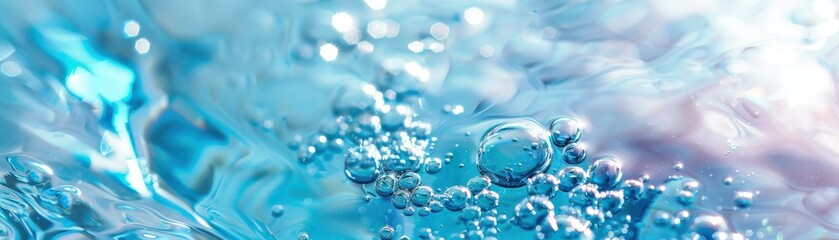 A body of water with many bubbles floating on the surface. The bubbles are scattered throughout the water, creating a sense of movement and energy. The blue color of the water