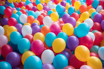 Colorful background of many balloons arranged in close-up shot creating festive atmosphere