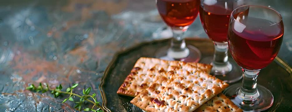 Pesach matzo passover with wine and matzoh jewish passover bread. 4K Video