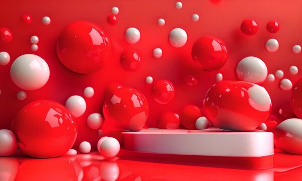 Generative AI image of different sizes of red and white balls on pedestal podium against red background 4K Video