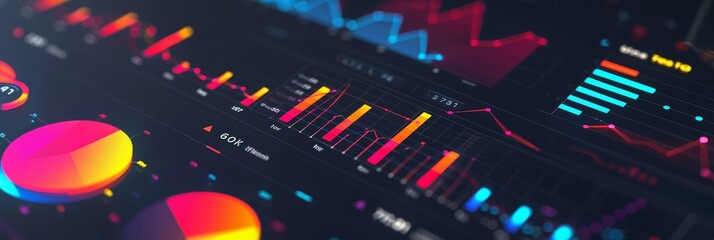 Colorful Data Visualization on a Dark Background - A close-up shot of a screen displaying various colorful data visualizations, including bar charts, line graphs, and pie charts.