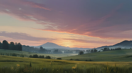Obraz premium background that looks like a serene countryside painted in pastels, with soft, muted tones and gentle, flowing lines