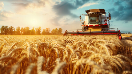 Fototapeta premium Harvesting Wheat at Sunset - A combine harvester moves through a field of golden wheat at sunset, with a bright sky and a blurred foreground.