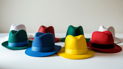 A row of hats of different colors and styles. The hats are arranged in a row, with the yellow hat on the left and the red hat on the right. The hats are made of straw and have a black band