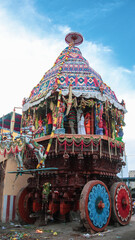 Traditional Hindu temple Chariot for God decorated colorful in Tamil Nadu 