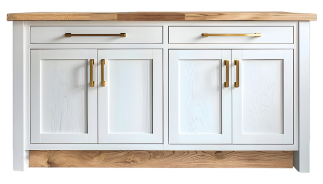 kitchen cabinet with brass handles on transparent background