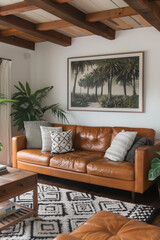 Cozy living room with a comfy couch, a colorful rug, and  houseplants adding a touch of nature