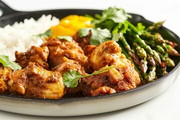 Fototapeta premium Curry Fried Chicken with Mango-Yogurt and Red Chile Asparagus Plate
