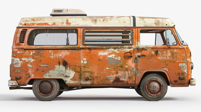 Side view of rusty vintage camper van over white background