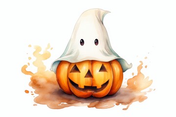 Naklejka premium Spooky Jack-O-Lantern with Ghostly Hat - A jack-o-lantern with a carved face wears a white ghost costume with big eyes. Watercolor splashes of orange and brown are on the background.