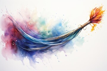 Obraz premium Artistic Watercolor Brushstroke with Vibrant Colors - A large paintbrush with a long, thin handle is depicted as it sweeps across a white canvas, creating a colorful watercolor effect.