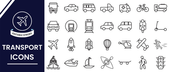 Transport line icon, vector set. Set of editable transportation icons, vector, symbol. Motorbike, bus,  plane, train, bicycle, boat, rocket, ship, helicopter, ambulance icon. Vector illustration.