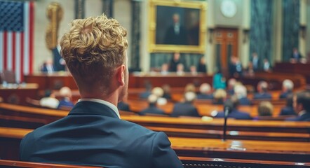 "Political leader addressing an audience at a government seminar, symbolizing authority and democracy."