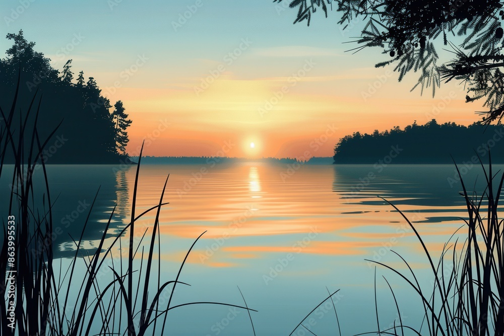 Poster a tranquil lake at sunset, trees and reeds in silhouette against the colorful sky. the golden hues r