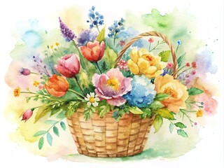 Whimsical Watercolor Flower Basket Illustration - Perfect for Artistic and Decorative Use