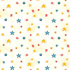 Children's seamless pattern of stars and kings on a circus theme, hand-drawn in watercolors. For the design of paper, wallpaper, fabrics for children's parties