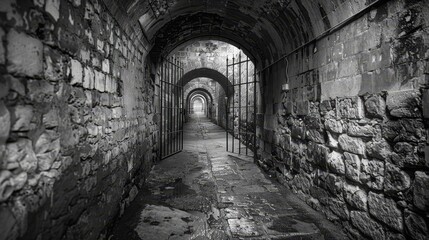 Detailed black and white image of an ancient fortified tunnel, featuring impressive gates and rich historical textures
