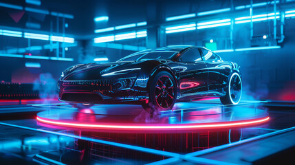 Fototapeta premium Futuristic Black Sports Car Under Neon Lights - A sleek black sports car with glowing neon lights stands on a platform in a futuristic setting.