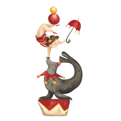 A circus seal stands on a stand with an acrobat on its nose. Hand drawn watercolor illustration in vintage childish style. Drawing for cards, posters, holiday invitations. Circus, tent, vintage © DemiLenka