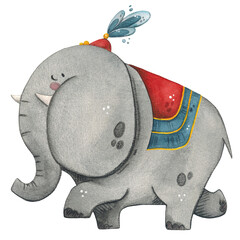 Elephant, gray in a circus cap and cape, watercolor illustration in children's style. Circus, carnival, children, fun, holiday, birthday, show, performance, elephant, © DemiLenka