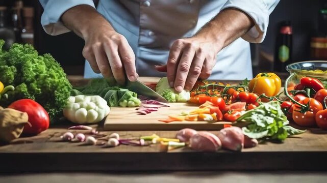 A male chef in his 30s, wearing a white coat, is slicing various fresh vegetables on a wooden board in a kitchen. The scene is vibrant with colorful produce, captured during the day.