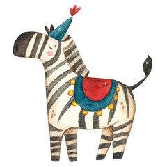 Zebra in a circus cap and blanket, watercolor illustration in children's style. Circus, carnival, children, fun, holiday, birthday, show, performance, zebra, animals, blanket, cape, hat © DemiLenka