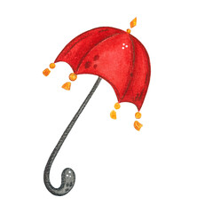 Red circus umbrella isolated on a white background. Watercolor illustration hand drawn in childish style. Clipart for stickers, cards, posters. Umbrella, red, performance, show © DemiLenka