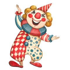 Circus clown looks up. Bright, childish, hand-drawn watercolor illustration. Circus, clown, performance, show, old circus, vintage, retro, tent, birthday, holiday, fun,