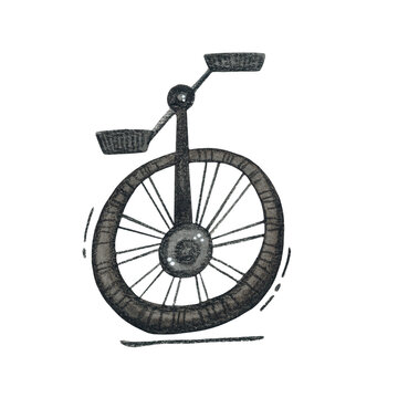 recommend clip art: Circus bicycle, unicycle isolated on white background. Watercolor illustration hand drawn in childish style. Clipart for banners, cards, posters. Wheel, unicycle, circus, vintage, red, show