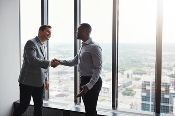 Business people, men and shaking hands in office for hiring, deal and recruitment to finance company or agency. Businessman, person and handshake for congratulations, thank you and welcome to career.