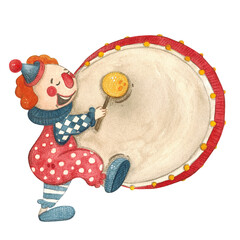 The clown walks and beats on a huge drum. Watercolor illustration hand drawn in children's style. Drawing for the design of cards, invitations, posters. Retro, vintage, clown, costume, drum, fun © DemiLenka