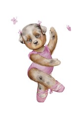 puppy ballet dancer watercolor illustration