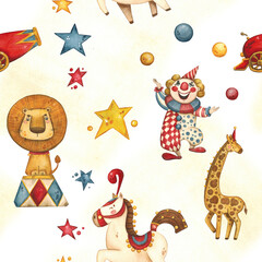 Circus seamless pattern with a clown, shirk animals, a lion, a giraffe, a horse, with balls, stars and a circus cannon. The illustration is applicable for the design of children's parties, paper