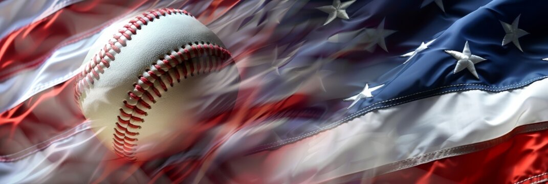 Baseball on a Waving American Flag - A white baseball is set against a waving American flag. The flag is blurry, emphasizing the baseball.