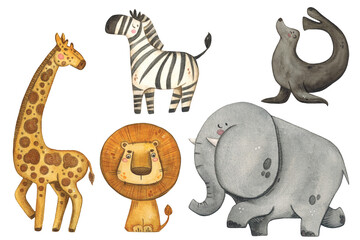 Set of animals: elephant, giraffe, lion, zebra, seal, horse. Hand drawn watercolor illustration in vintage childish style. Drawing for cards, posters, holiday invitations. Zoo, animals, elephant, gfaf