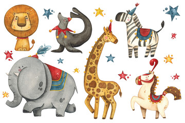 Set of circus animals: elephant, giraffe, lion, zebra, seal, horse. Hand drawn watercolor illustration in vintage childish style. Drawing for cards, posters, holiday invitations
