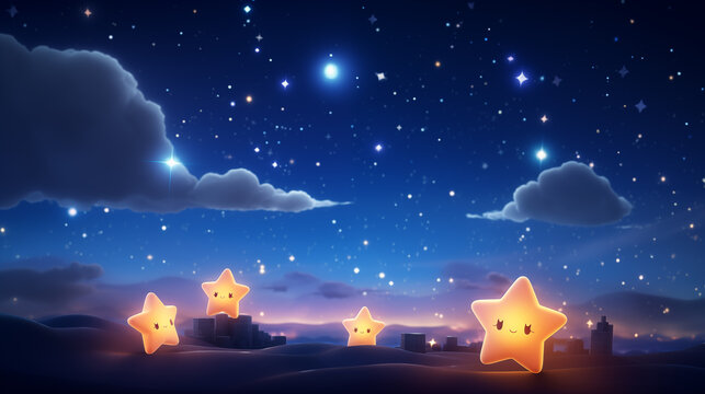 Cartoon yellow five-pointed stars stand against a night starry sky backdrop