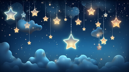 Decorative shining stars against dark sky and clouds, holiday background