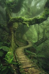 Trail path walkway in deep tropical rainforest with green plants, moss, ferns.