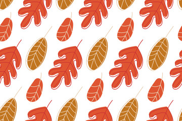 Seamless Autumnal Leaves pattern. Autumn sketch abstract leaves in Orange colors. Vector illustration doodle style. Repeated Vector flat repeated background for wallpaper, wrapping, packing, textile