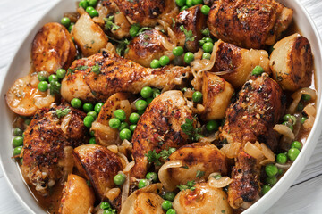 Chicken Vesuvio in a baking dish, top view
