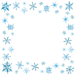 Watercolor illustration, hand drawn. The frame is square. Holiday, New Year, Christmas, snowflakes