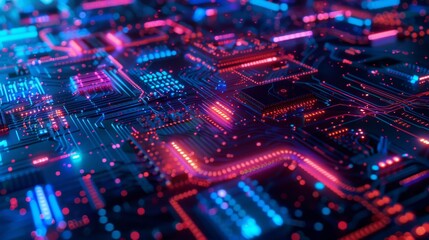 Fototapeta premium A close-up photograph capturing the intricate details of a digital matrix, featuring glowing circuits and neon elements that evoke a futuristic cyberspace environment