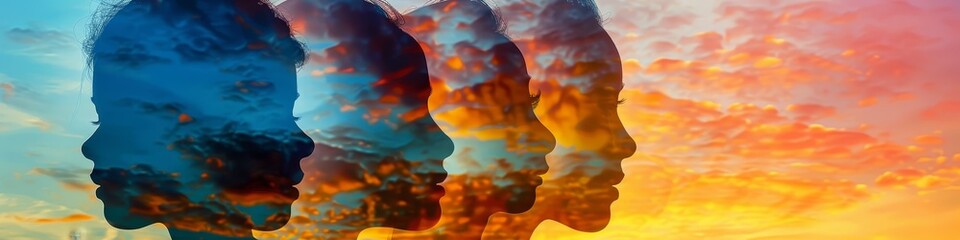 Silhouettes of Faces in a Cloudy Sunset - Three female silhouettes are blended with the cloudy sky of a colorful sunset.