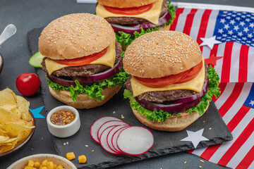 Homemade burgers. An American classic, traditional food for picnic or celebration Independence Day