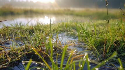 Morning grassland dew and a tiny pond